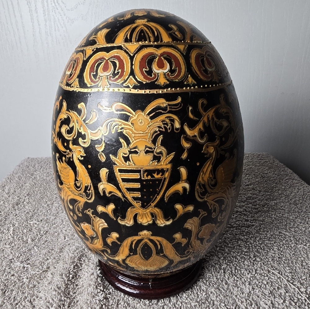 Ornate Hand Painted Black and Gold Decorative Egg